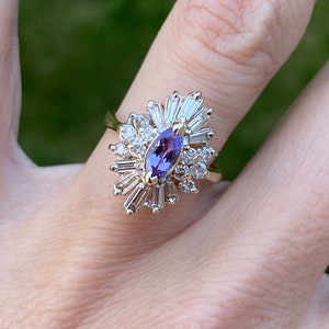 Marquise Tanzanite Baguette Round Diamond Cocktail Ballerina Ring or Engagement Ring 14k Yellow Gold