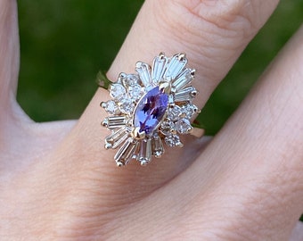 Marquise Tanzanite Baguette Round Diamond Cocktail Ballerina Ring or Engagement Ring 14k Yellow Gold