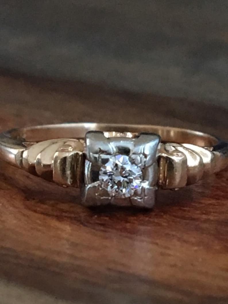 Antique Old European Cut Diamond Solitaire Engagement Ring 14K Yellow Gold Vintage Estate