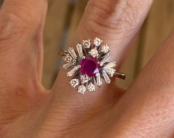 Vintage Genuine Round Ruby Baguette Round Diamond Ballerina Cocktail or Engagement Ring 18K White Gold