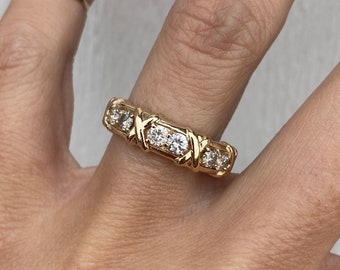 Round Brilliant X Diamond Wedding Anniversary Half Eternity Band Stacking Stackable Ring 14k Yellow Gold