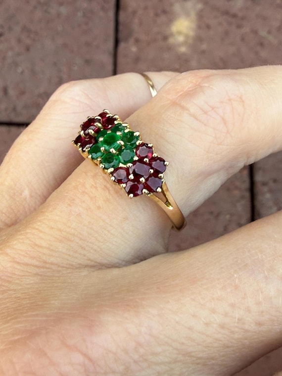 Natural Round Ruby Emerald Cluster Cocktail Ring … - image 3