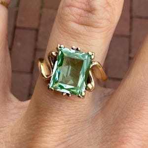 RESERVED FOR REGAN Vintage Estate Radiant Cut Synthetic Green Spinel Solitaire Cocktail Ring 10k Yellow Gold