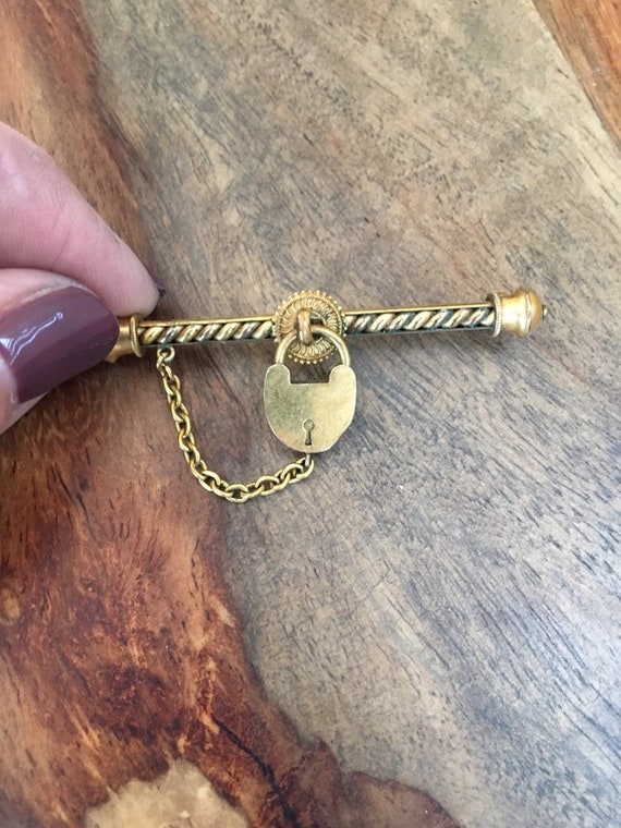 Victorian Antique Lock Locket Bar Pin Brooch - image 2