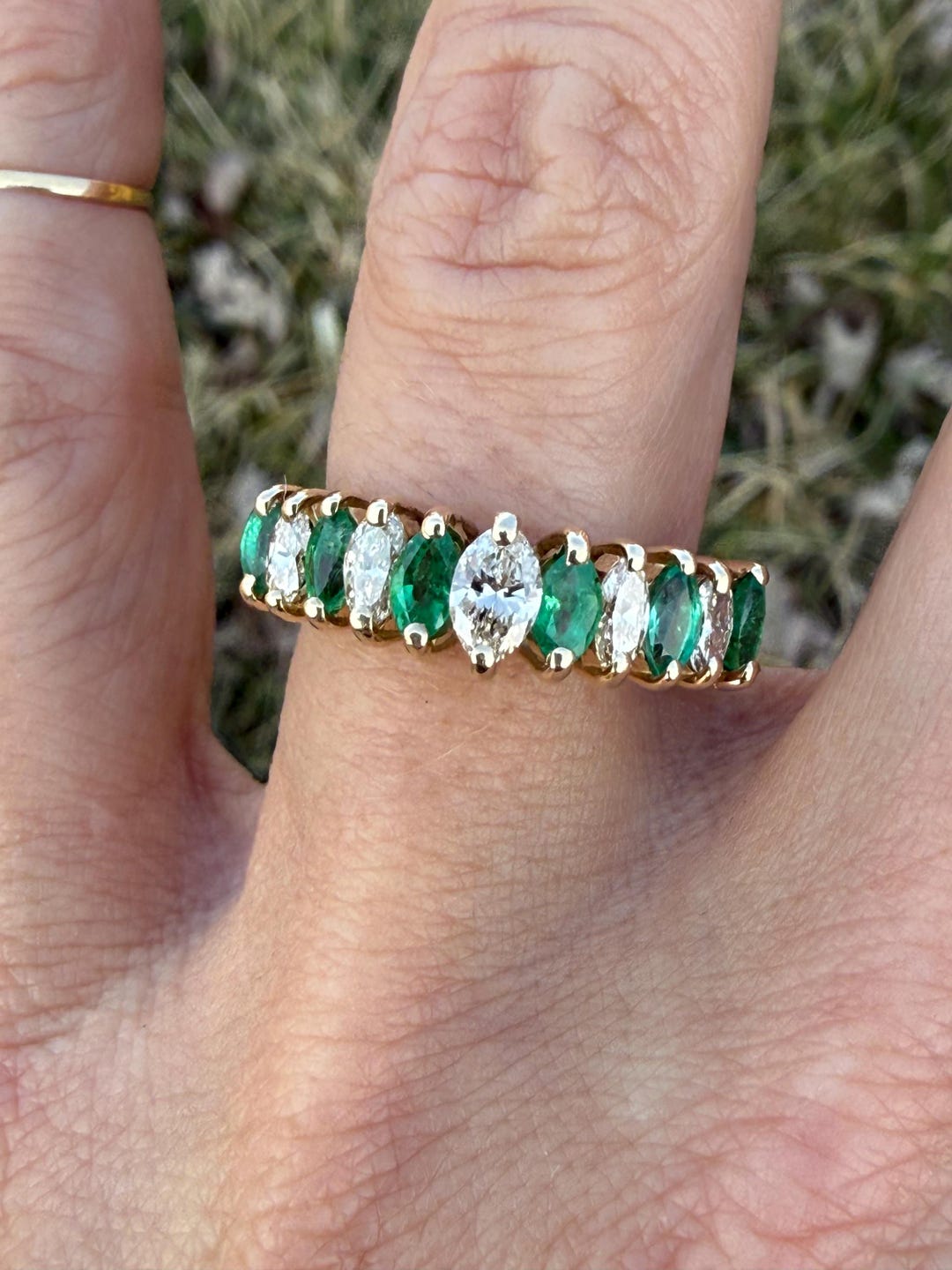 Vintage 1ct Natural Emerald Marquise Diamond 14K Yellow Gold ...