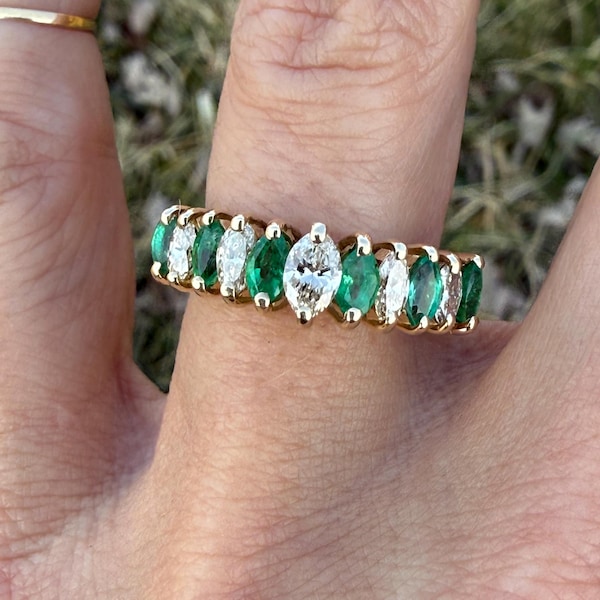 Vintage 1ct Natural Emerald Marquise Diamond 14K Yellow Gold Anniversary Band Cocktail Ring