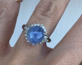 Platinum Genuine Blue 4.05ct Star Sapphire Cabochon Round Baguette Cut Diamond Cocktail Ring or Engagement Ring