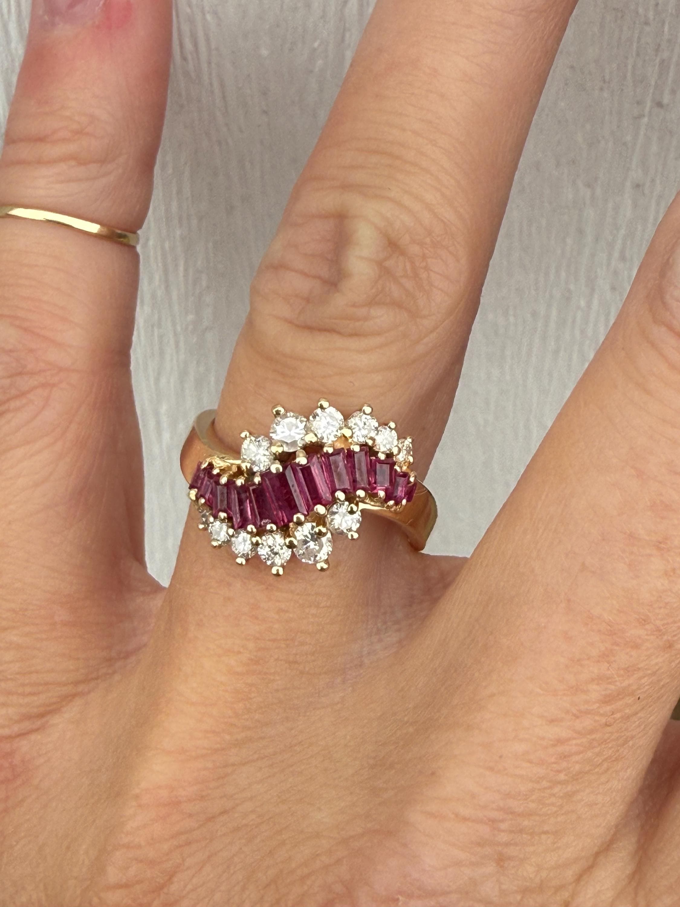 RESERVED FOR J Payment 1 of 4 Wavy Baguette Ruby Round Diamond Cocktail Ring 14k Yellow Gold