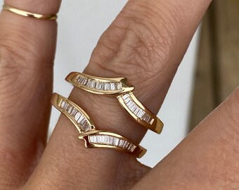 Set of Two Baguette Diamond 14K Yellow Gold Guard Conversion Band Ring Set
