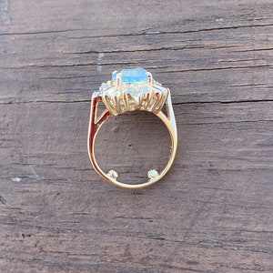 Oval Step Cut Blue Topaz Round Diamond 14K Yellow Gold Ring image 4