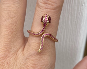 Sweet Genuine Ruby Snake Ring 14k Yellow Gold Band Ring