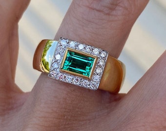 Genuine East West Green Emerald and Round Diamond Halo 14K Yellow Gold Engagement Cocktail Ring