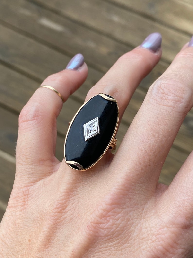 Vintage Estate Large Black Onyx Single Cut Diamond Oval Plaque Hand Engraved Cocktail Ring 10K Yellow Gold image 8