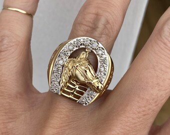 Vintage Large Diamond Wreath Horseshoe Ring Horse Shoe Cocktail Ring 10k Yellow Gold and White Gold