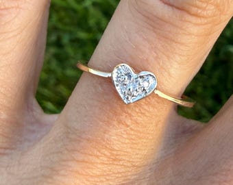 Dainty Minimalist Natural Round Diamond Heart Cluster Ring 10K Yellow Gold Band or Pinky Ring