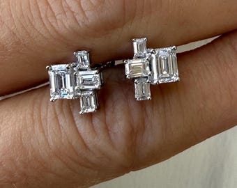 Unique Lab Grown Diamond 1.25ct Emerald Cut Diamond Cluster Stud Earrings 14k White Gold