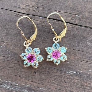 Green and Pink Tourmaline Flower Cluster Leverback Dangle Drop Earrings 14K Yellow Gold