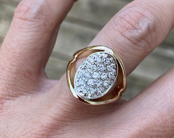 Vintage Round Diamond Cocktail Ring Two Tone 14K Yellow and White gold