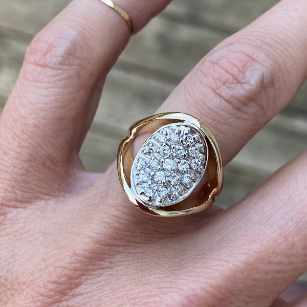 Vintage Round Diamond Cocktail Ring Two Tone 14K Yellow and White gold