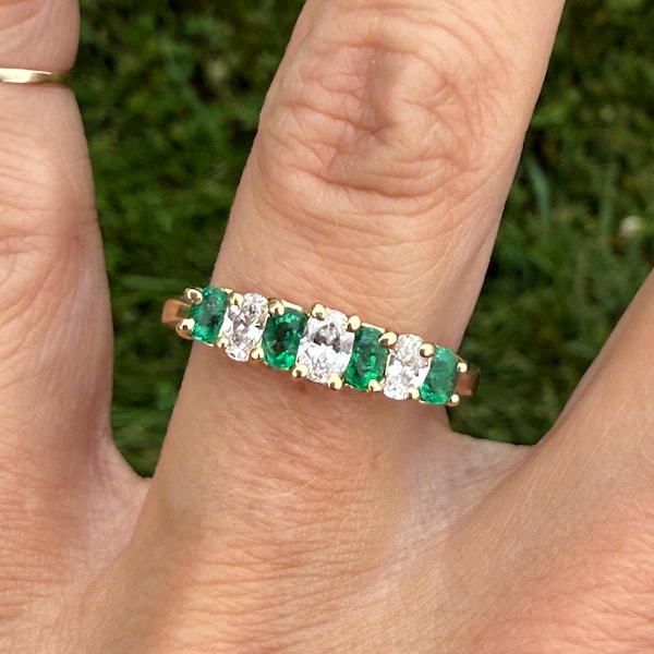 Oval Emerald Natural Diamond Stacking Stackable Wedding Anniversary Band Ring 14K Yellow Gold