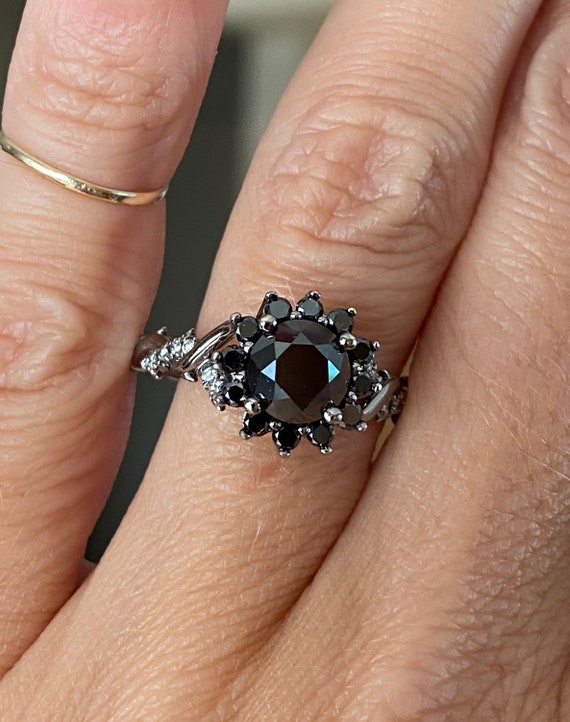 Genuine Disney Maleficent Black Diamond 1.50ct Halo Engagement Ring 14k White Gold