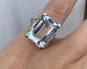 Emerald Cut Pale Aquamarine Single Cut Diamond Cocktail Ring 14K White Gold