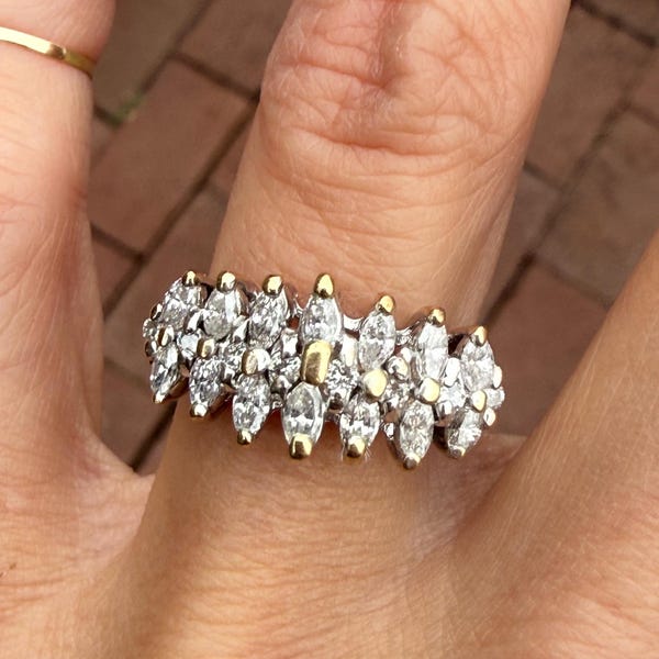 Vintage 1ct Marquise Round Natural Diamond 14K Yellow Gold Anniversary Band Cocktail Ring