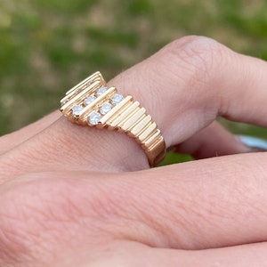 Chevron Vertical Channel Genuine Diamond Band Ring 14K Yellow Gold image 5