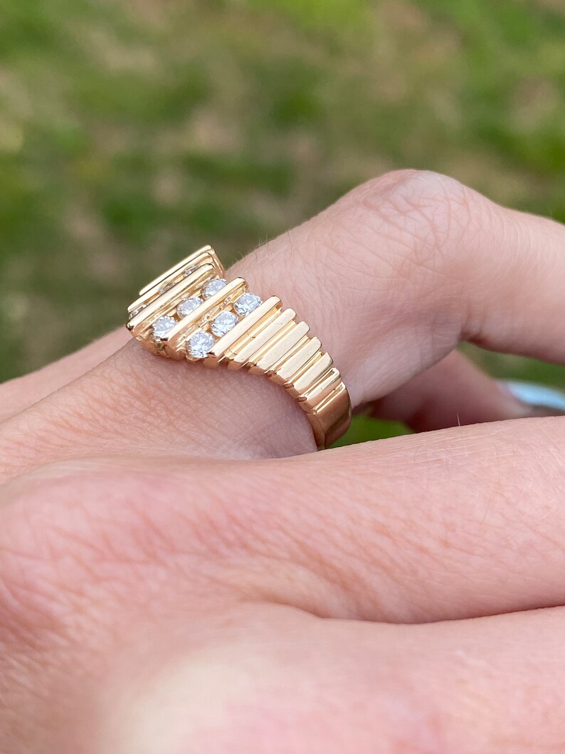 Chevron Vertical Channel Genuine Diamond Band Ring 14K Yellow Gold image 5