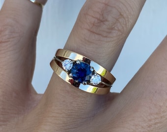 Genuine Round Blue Sapphire Diamond Band Ring Cocktail or Engagement Ring 18K Yellow Gold and 14K White Gold