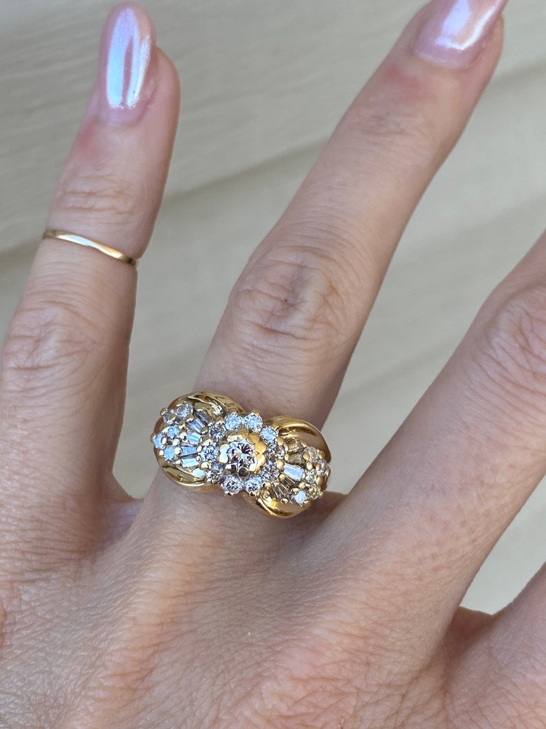 Baguette Round Diamond Cocktail Ring or Engagement Ring 14k Yellow Gold image 4
