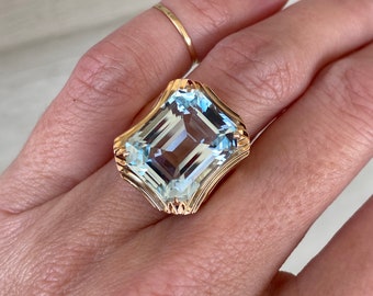 Vintage Emerald Cut Aquamarine Solitaire Cocktail Ring 14K Rose Gold