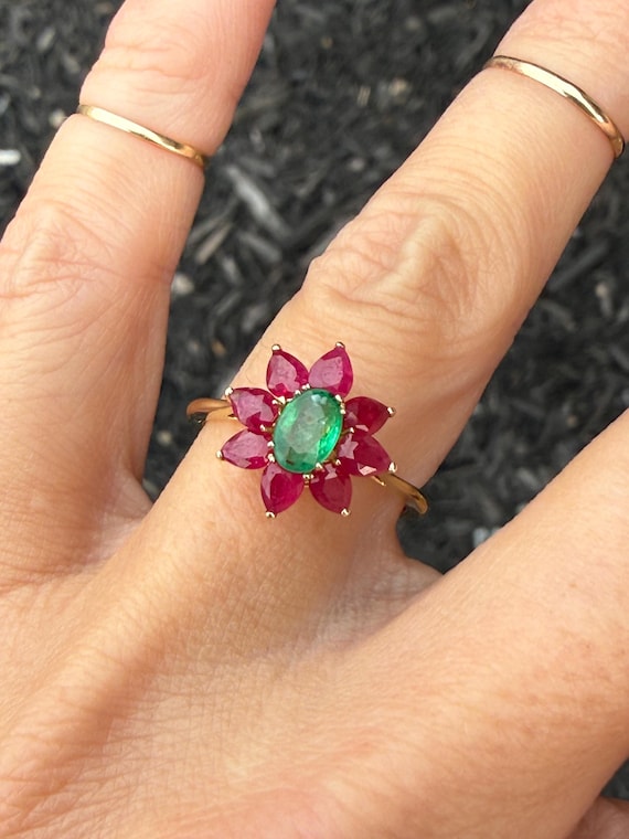 Natural Pear Ruby Oval Emerald Cluster Cocktail R… - image 2