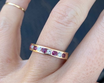 Genuine Ruby and Round Brilliant Cut Diamond Channel Set Wedding Anniversary Band Stacking Stackable Ring 14k Yellow Gold