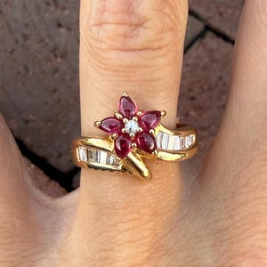 Baguette Natural Diamond Pear Shape Ruby Cabochon Flower Band Cocktail Ring 18k Yellow Gold