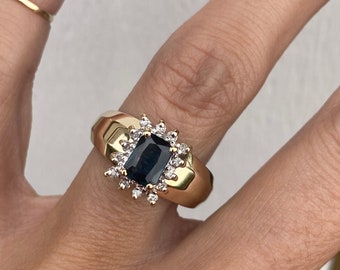 Genuine Emerald Cut Blue Sapphire Round Diamond Halo Cocktail Ring Wide Band Engagement Ring 14K Yellow Gold