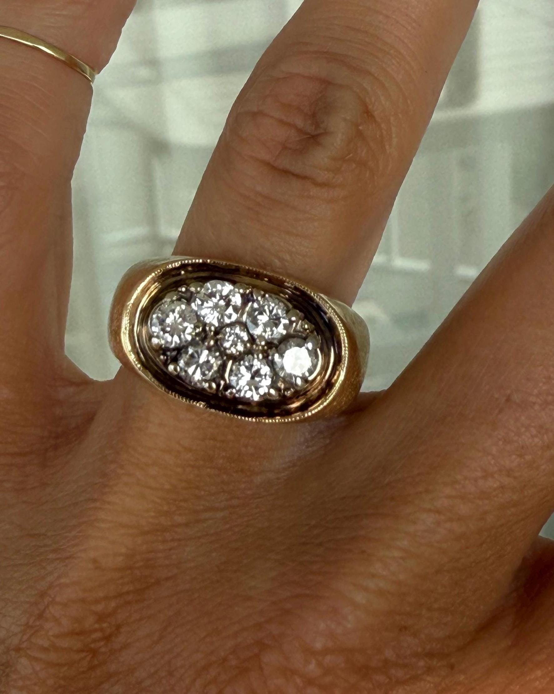 RESERVED FOR SAVANNAG Vintage Mens or Ladies Natural Round Diamond Oval Shape Cluster Ring 14K Yellow Gold Band or Cocktail Ring