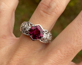 Cushion Cut Pink Tourmaline Bezel Set Round Diamond Band Ring 14K White Gold