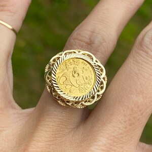 Vintage Panda Coin Ring Diamond Cut Detail 14K Yellow Gold