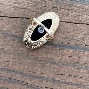 Vintage Estate Large Black Onyx Single Cut Diamond Oval Plaque Hand Engraved Cocktail Ring 10K Yellow Gold image 3