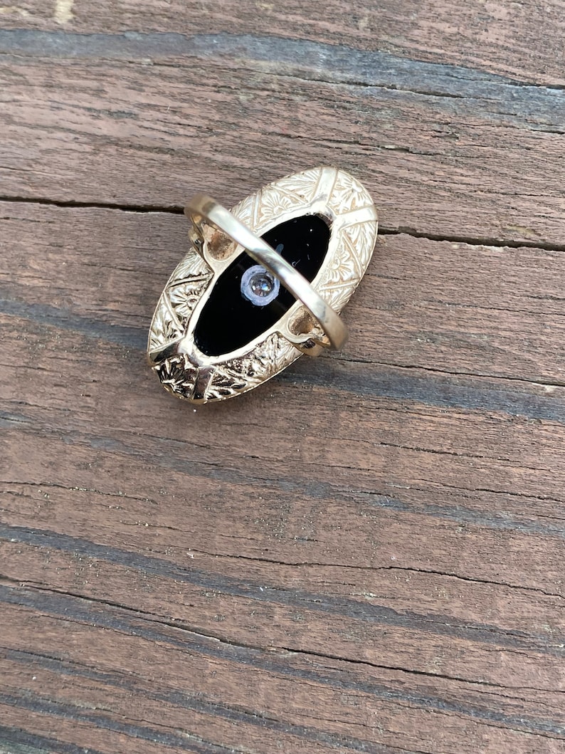 Vintage Estate Large Black Onyx Single Cut Diamond Oval Plaque Hand Engraved Cocktail Ring 10K Yellow Gold image 3