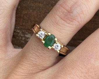 Genuine Oval Emerald Round Brilliant Baguette Diamond Cocktail Engagement Ring 14K Yellow Gold