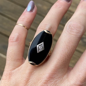 Vintage Estate Large Black Onyx Single Cut Diamond Oval Plaque Hand Engraved Cocktail Ring 10K Yellow Gold image 6