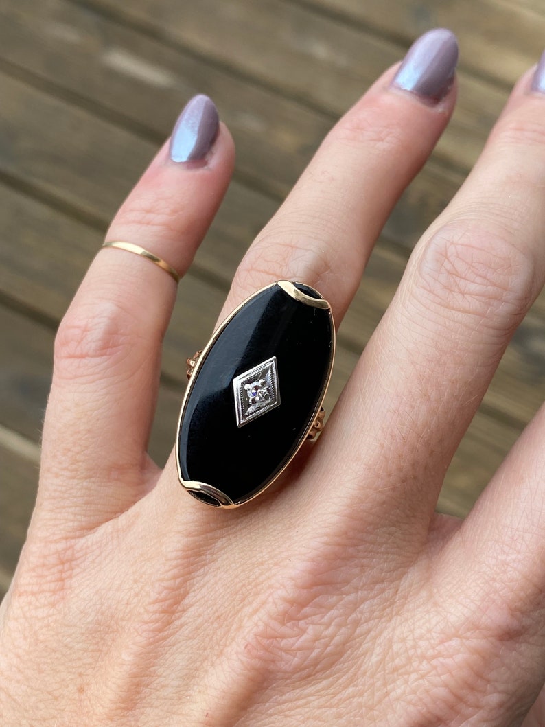 Vintage Estate Large Black Onyx Single Cut Diamond Oval Plaque Hand Engraved Cocktail Ring 10K Yellow Gold image 6