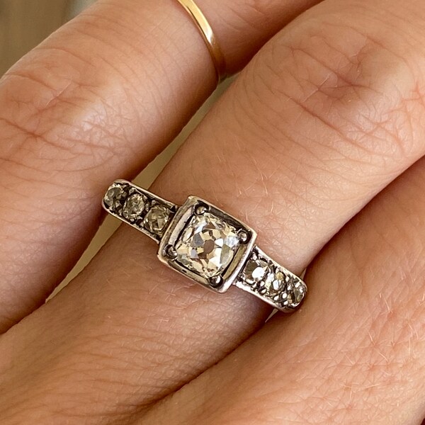 Antique Cushion Old Mine Cut Diamond 18K Yellow Gold Engagement Ring Anniversary Band Cocktail Ring