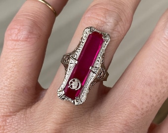 Vintage Estate Fancy Cut Long Synthetic Ruby 14k White Gold Filigree Solitaire Ring