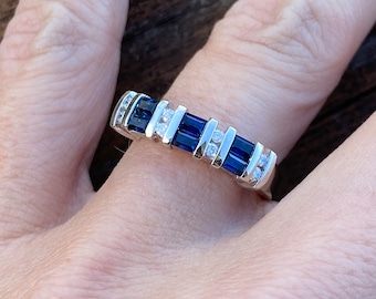 Keepsake Baguette Blue Sapphire Round Diamond Channel Band Ring 14K White Gold