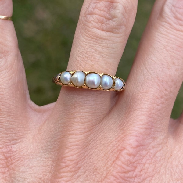 Antique Pearl Half Eternity Band Ring 14k Yellow Gold