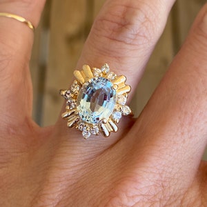 Oval Step Cut Blue Topaz Round Diamond 14K Yellow Gold Ring image 6