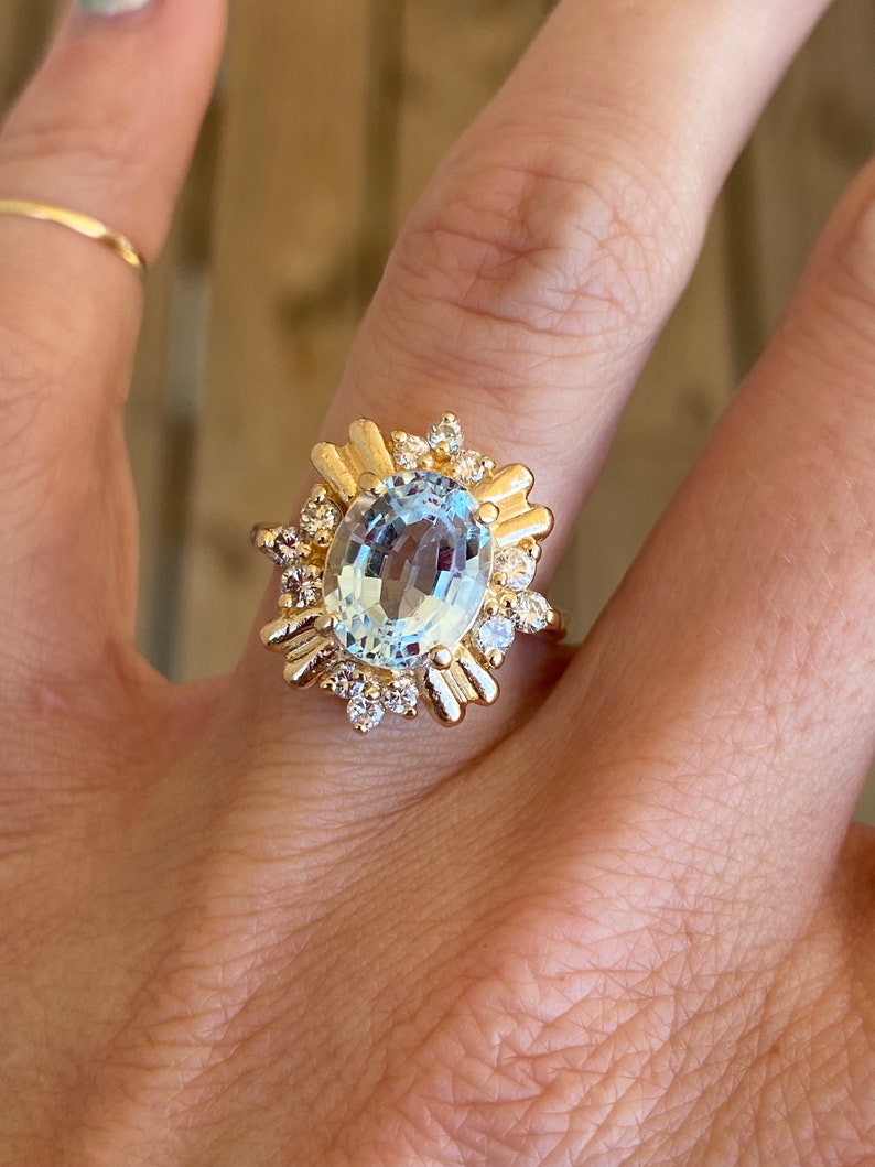 Oval Step Cut Blue Topaz Round Diamond 14K Yellow Gold Ring image 6